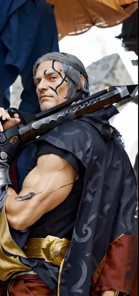 Benn beckman from onepiece, ((ultra detailed)), (((scarl on face))), ((realistic)), grey hair, black eye detailed,  8 k, bets quality, masterpiece, black shirt, wearing cloak, ((characters are standing around a man holding a weapon)), full body close-up sh...