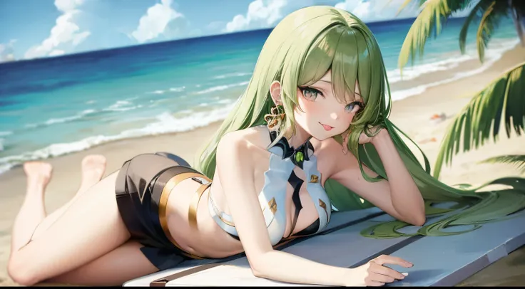 a anime girl wearing a mini skirt laying on the beach with the sea behind her, extremely detailed, HD, highres, beautiful, skirt, mini skirt, 1girl, green hair, green eyes, outdoors, tongue, solo, lying, tongue out, beach, earring, single earring, jewelry,...