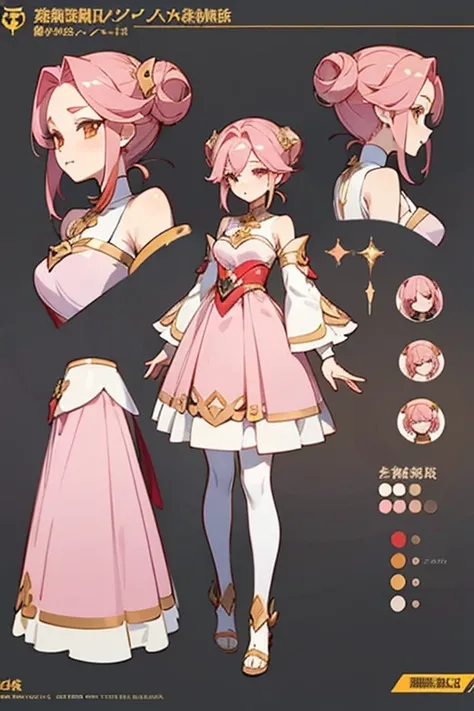 brownish dark pink hair wearing rose alampay pink dress, anime character reference sheet, reference sheet, full body!, [ character design ], design sheet, character reference sheet, long Pale brownish pink hair with sampaguita one hair bun (one right next ...