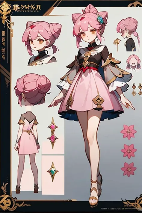 brownish dark pink hair wearing rose alampay pink dress, anime character reference sheet, reference sheet, full body!, [ character design ], design sheet, character reference sheet, long Pale brownish pink hair with sampaguita one hair bun (one right next ...