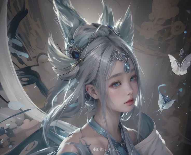 exquisite facial features，welcoming，Exquisite silver hair accessories，Anime manga girl，blue hairs，a blue dress，Wearing a big headdress, Very detailed artistic sprout, the detail, Irelia, Art germ. high detal, ! dream art jem, onmyoji detailed art, most mod...