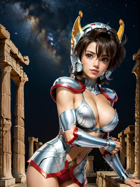 masterpiece, best quality, ultra high res, realistic skin texture,silver armor, armature, (photorealistic:1.4), high resolution, raw photo, 1 girl, shiny skin, (detail skin:1.2), realistic skin texture, best lighting, wearing red panty, (perfect breast:1.3...