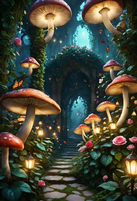 In the wizarding world, Huge mushrooms, Huge plants, huge rose bush, giant ladybug, and beautiful Thumbelina,Secret garden , jasmine flowers,rose catwalk , warmly lit, Clear, butterflys, decor, dotting, ultra - detailed, abundance, Depth-of-fie, cozily, Cl...