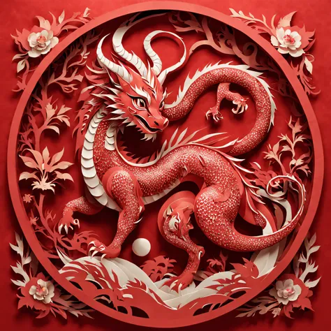 3D paper cutting, Paper illustration, fundo vermelho, zodiac dragon baby