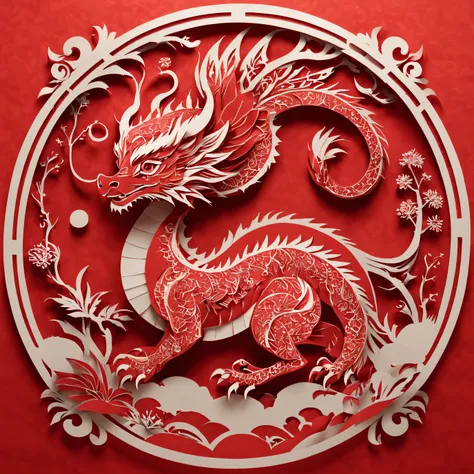 3d paper cutting, paper illustration, fundo vermelho, zodiac dragon baby