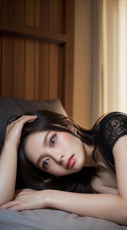 masutepiece, Best Quality, Illustration, Ultra-detailed, finely detail, hight resolution, 8K Wallpaper, Perfect dynamic composition, Beautiful detailed eyes , Dark indoor, Sexy face,Sexually aroused face、medium-full shot、Lying down in bed、Waist-down angle