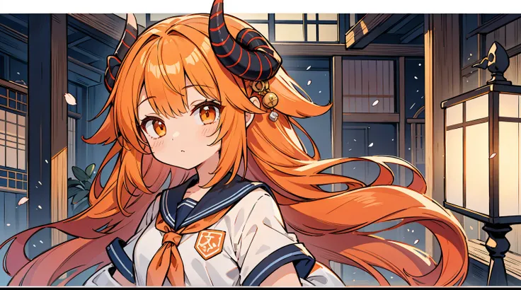 Masterpiece, Best Quality, Ultra-detailed, A  girl, 独奏, orange hair, Orange Eyes, japanese white school uniform, black horns with stripes