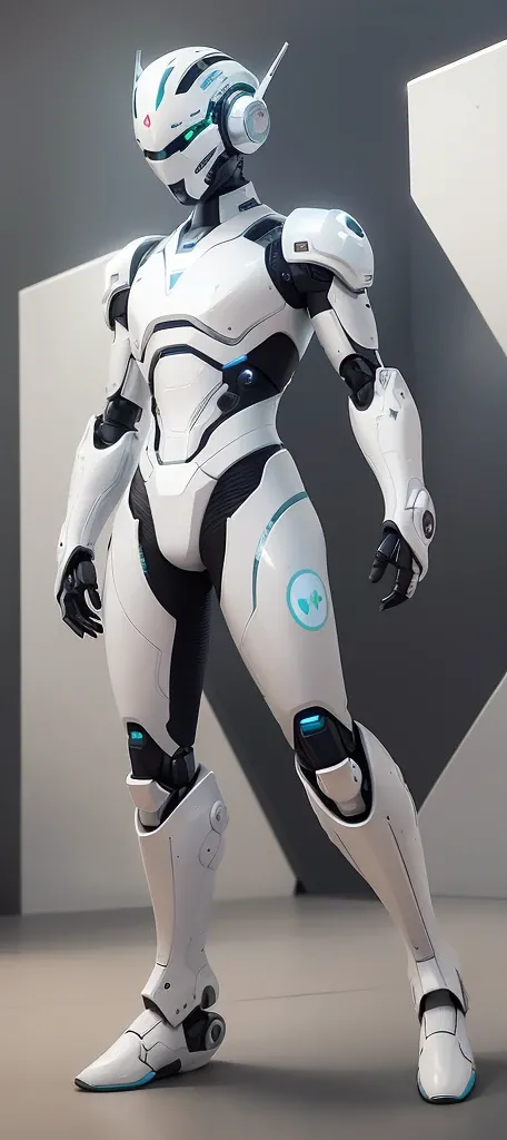 Close-up of a robot standing in a room with walls, in white futuristic armor, echo from overwatch, futuristic robot body, sci - fi suit, sci - fi details, science fiction suit, HEV Suit, neofuturistic highly detailed, energetic varia suit, cybersuit, gloss...