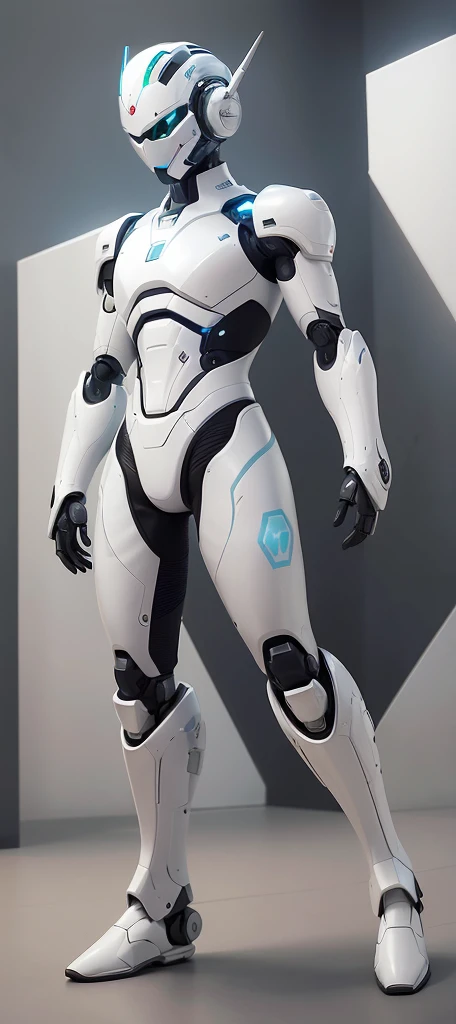 Close-up of a robot standing in a room with walls, in white futuristic armor, echo from overwatch, futuristic robot body, sci - fi suit, sci - fi details, science fiction suit, HEV Suit, neofuturistic highly detailed, energetic varia suit, cybersuit, gloss...