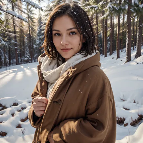 A very beautiful middle-aged woman, slender with a good figure, dark short hair, big brown eyes, a slight smile on her face, standing against the backdrop of a snowy forest in light but winter clothes, catching falling snowflakes with her hands, sunny weat...