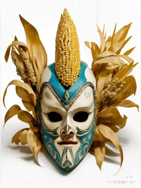 have a facial mask，Topped with corn and corn on the cob, tribal mask, tribal mask, Gorgeous masks, beak mask, Detailed mask, carnival mask, vega mask, Inspired by Cornelis Antonis, intricate mask, Tribal mask inside the mask, 3 4 5 3 1, Ornate masks and fa...