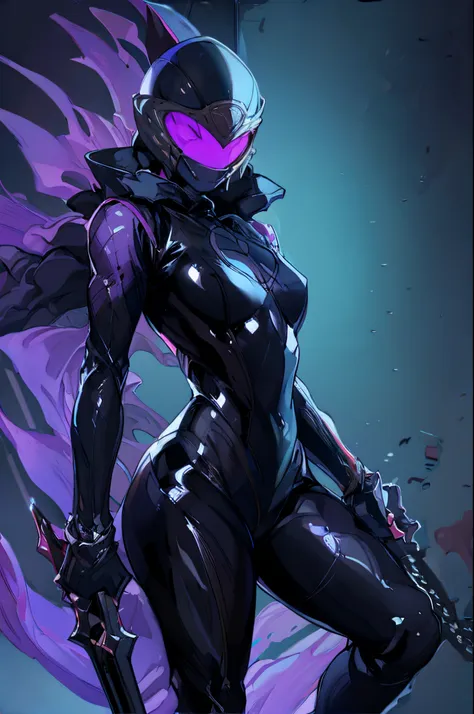 a helmet with a shark motif. woman. she is wearing a black latex suit. striking decoration. double-handed sword. her image color...