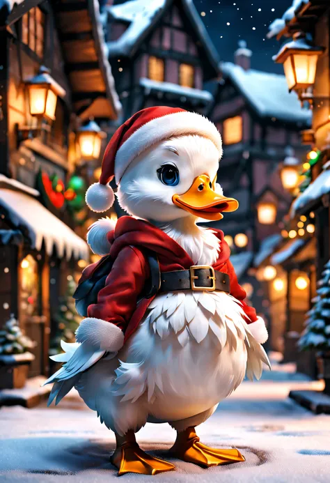 full body Esbian、cool male white duck 、pop male white duck、santa claus duck、cute little、Deformed animals、diorama、symple background、Santa Claus clothes、Christmas、Snowy city、​masterpiece, Best Quality, Capture super cute moments, depth of fields, ultra-detai...