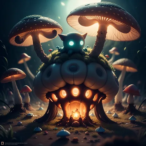 bioluminescent mushrooms, mushroom creatures, mushroom monsters, translucent mushrooms glow, dynamic, particulate, intricate, elegant, highly detailed, sharp focus, octane render,