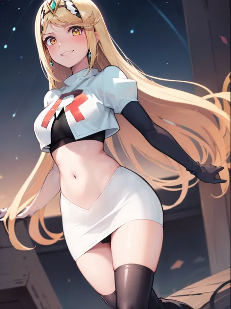 mythra (xenoblade), blond hair, yellow eyes, team rocket uniform, red letter R, white skirt,white crop top,black thigh-high boots, black elbow gloves, smile, looking at viewer, cowboy shot, sexy pose, night sky background