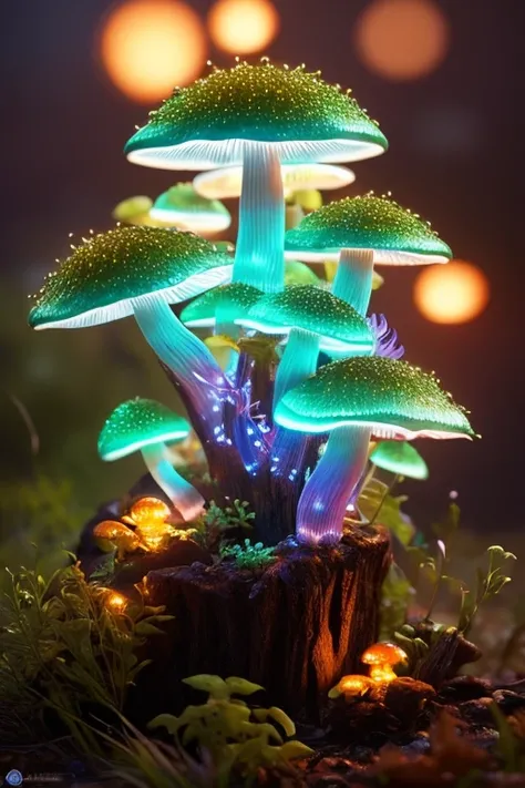 bioluminescent mushrooms, mushroom creatures, mushroom monsters, translucent mushrooms glow, dynamic, particulate, intricate, elegant, highly detailed, sharp focus, octane render,