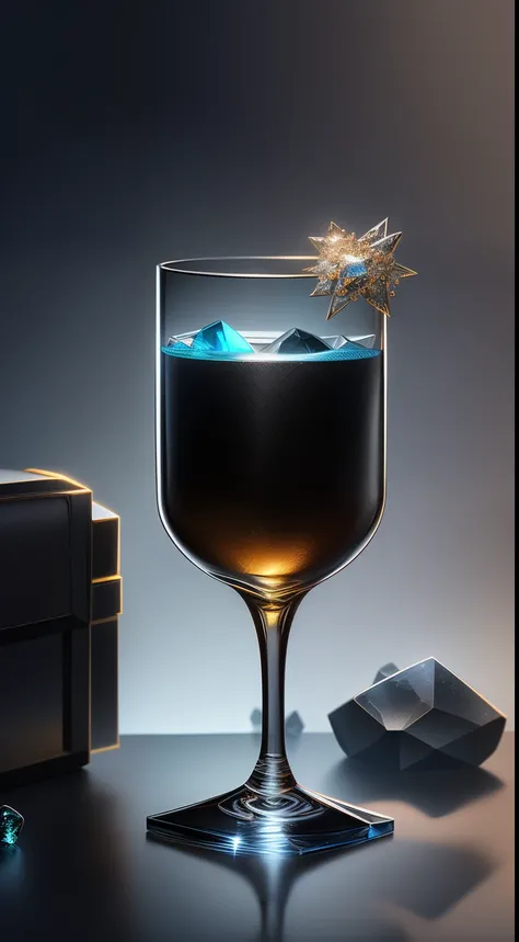 high quality，very beautiful，commercial photography，high precision，dazzling black，a bottle of vodka is placed in the middle of the rock，glass，reflex，crystal，HD commercial photography，Advertising shooting