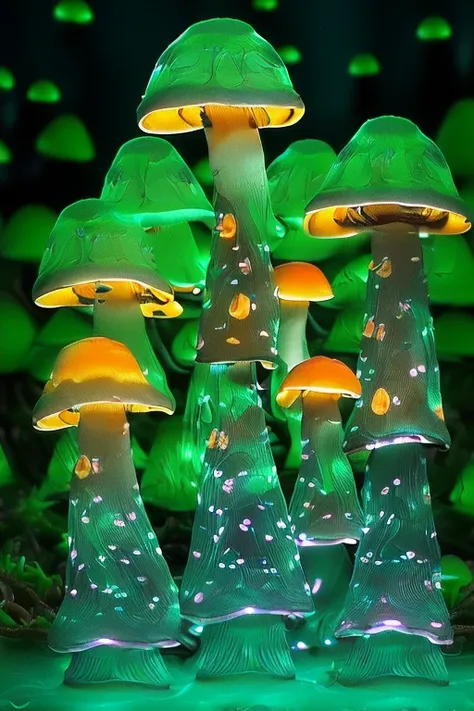 (bioluminescent mushrooms, mushroom creatures, mushroom monsters, translucent mushrooms glow, flying spores:2), dynamic, particulate, intricate, elegant, highly detailed, sharp focus, octane render,