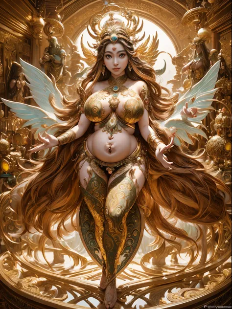 phoenix goddess、beautiful wings、beautiful tail feathers、fullnude、Japan Beauty、Chinese Goddess、incarnation of the swan、Big belly、Pregnant Woman、egg to be fertilized、beautiful hindu god vinayak,(A beautiful goddess born from fertilization:1.8)、top-quality