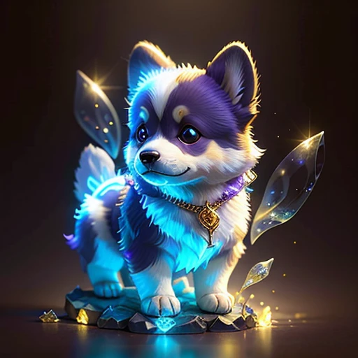 Blue and purple corgi, pet, majestic, glass display cast, gold trimmings, soft glow