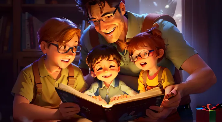 a family reading a book together in a dark room, by Goro Fujita, animated film, inspired by Goro Fujita, animated movie, kids book illustration, animated film still, story telling, colorful kids book illustration, animated movie still, childrens animated f...