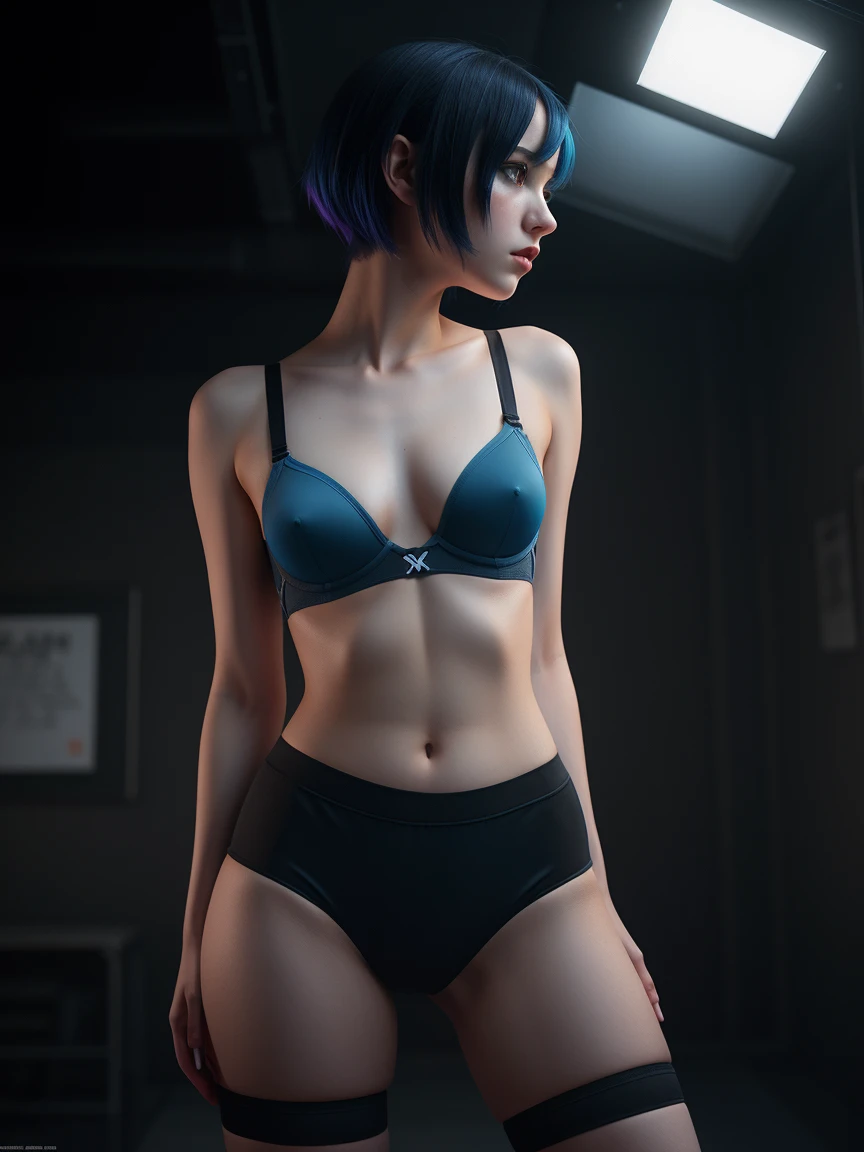 (1girl), (solo), a thin beautiful woman, detailed eyes, ((sexy)), (athletic body:1.3), (thin body:1.2), lewd pose, feminine pose, mature, 20 years female, (very small breasts), (tiny breasts), short shorts, panties, bra, (nsfw:1.3), (high contrast lighting...