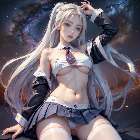 Blonde gray hair, Straight hair, Spread hair, Long hair, PUPILS SPARKLING, long eyelashes, Blue eyes, makeup, Smile, Color Field Painting, Contemporary art,double whirlwind pattern design garment，Iris heterochromatic pupil，((girl with silver ponytail))((of...