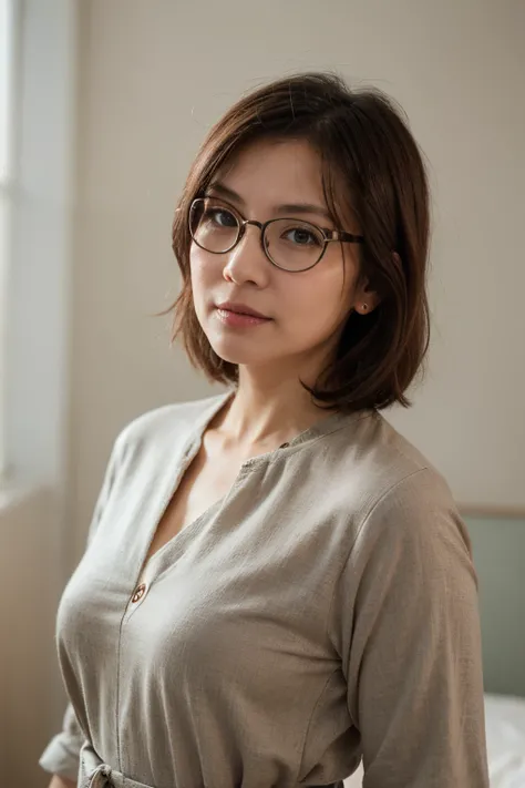 Generate a picture of a modern Chinese middle-aged woman，wears glasses，brunette color hair，Pastel solid background，Wear formal attire，Elegant intellectual，Positive，Overall warm color，Gentle eyes，Teacher temperament