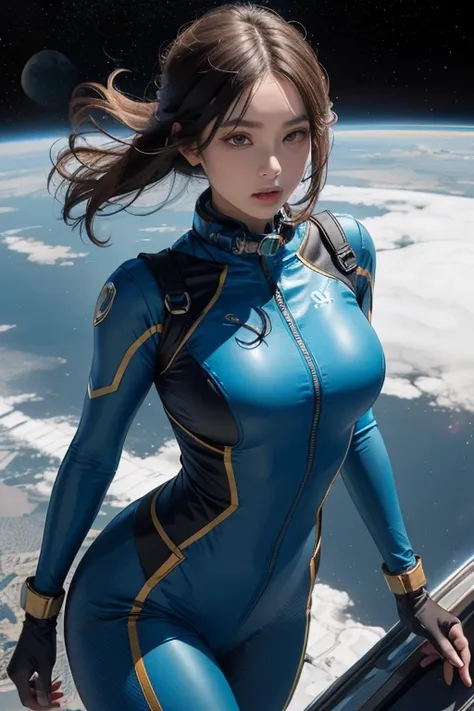 1 girl, in space, bodysuit, , Perfect body, mediuml breasts, Exquisite Face, beautidul eyes, Floating, masterpiece, High Quality