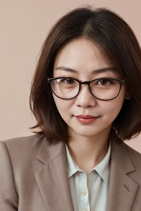 Generate a picture of a modern Chinese middle-aged woman，wears glasses，brunette color hair，Pastel solid background，wear suit，Elegant intellectual，Positive，Overall warm color，Gentle eyes，Teacher temperament