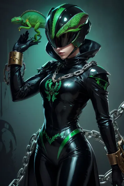 A helmet with a chameleon motif. woman. She is wearing a black latex suit. Striking decoration.chain and sickle. Alchemy style equipment. Her image color is emerald green.