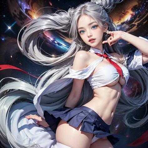 Blonde gray hair, Straight hair, Spread hair, Long hair, PUPILS SPARKLING, long eyelashes, Blue eyes, makeup, Smile, Color Field Painting, Contemporary art,double whirlwind pattern design garment，Iris heterochromatic pupil，((girl with silver ponytail))((of...