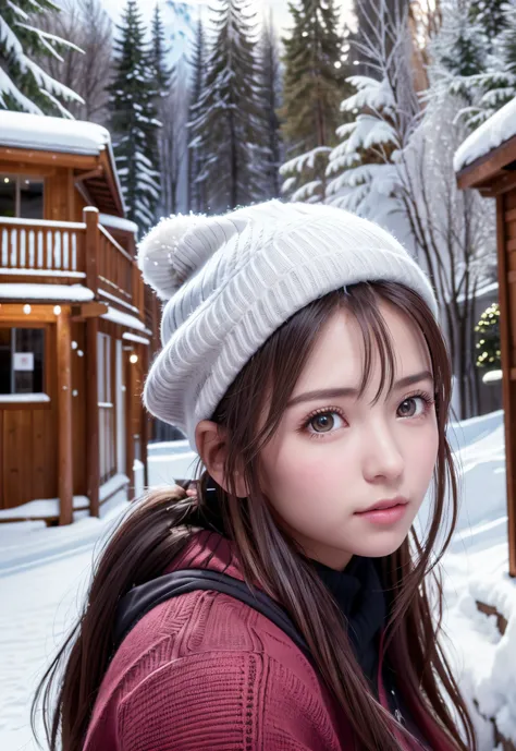 8K, of the highest quality, masutepiece:1.2), (Realistic, Photorealsitic:1.37), of the highest quality, masutepiece, Beautiful young woman, Pensive expression,、A charming、and an inviting look, skiing、snowboarder、Ski Wear, Hair tied back, Cinematic backgrou...