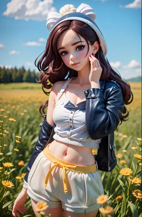 arafed woman in a white top and shorts standing in a field, ((young peoole)),chibi,blindbox, plastican00d,(best quality, 4k, 8k, highres, masterpiece:1.2), ultra-detailed, playful, cartoon, cute, 3d rendering,