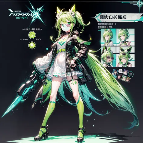 Character Sheets, Three types，Shot Full Body，Game Character Design，than a little flying moon，Girl in sunglasses and beans，Victorizo ∨TSE∨,Stylistic expression, neon colors, neon green, Toxic Green,  absurdress, Full of Details,