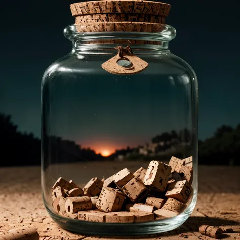 (An intricate minitown Matera landscape trapped in a jar with cork), atmospheric greenish lighting, Realism, film grain, super detail, on a white desk, its raining inside the jar. 4k UHD, dark vibes, hyper detailed, vibrant colors reddish sky background, e...