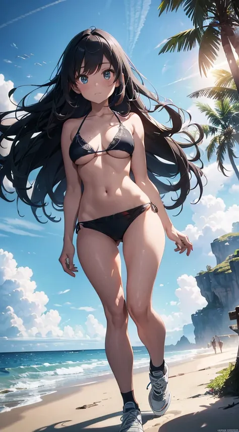 A Stunning Full body shot, extremely detailed illustration of a gorgeous Caucasian woman with small breasts wearing A Bikini Top, Tight Summer Shorts And Stylish Sneakers With No Socks On Her Feet, Walking On The Beach, stylish, backlit, highly illuminated...