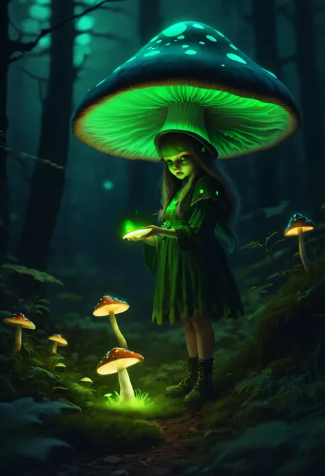 Witch and glowing poisonous mushroom，Green glowing poisonous mushroom