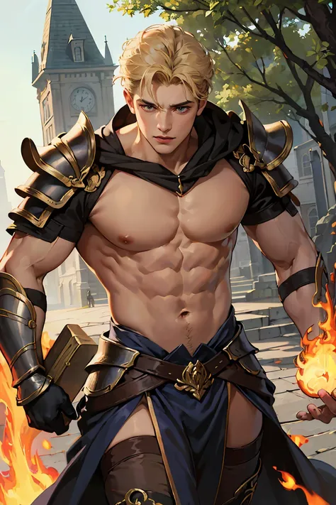 (absurdres, highres, ultra detailed, best quality, 8k, HDR), 1boy, solo, adult, handsome, ((tall muscular guy, broad shoulders)), finely detailed eyes, ((short blonde hair)), hair between eyes, forehead, ice blue eyes, magical spell, fantasy armor, ((revea...