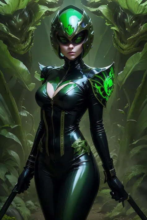 A helmet with a carnivorous plants motif. woman. She is wearing a black latex suit. Striking decoration.whip. Alchemy style equipment. Her image color is emerald green.