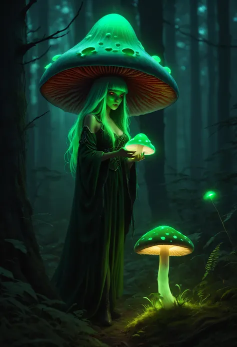 Witch and glowing poisonous mushroom，Green glowing poisonous mushroom