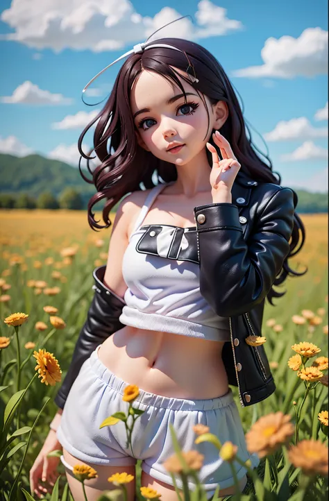 arafed woman in a white top and shorts standing in a field, ((young peoole)),chibi,blindbox, plastican00d,(best quality, 4k, 8k, highres, masterpiece:1.2), ultra-detailed, playful, cartoon, cute, 3d rendering,