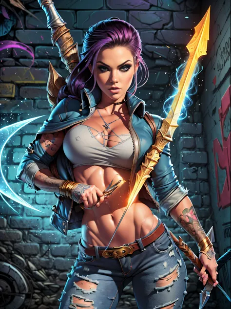 Very aesthetic inkpunk illustration, Alison Tyler, (((wielding a magic spear in his right hand))), sentada em uma cadeira simples, corpo inteiro, separated-lips, ,(((jaqueta de couro punk com rebites))) , ripped jeans, camiseta branca, , fundo da parede do...