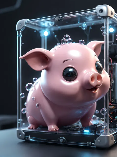 computer case prototype, as clear as glass, full of cute piggies in high resolution + : snail-like creature inside a computer ca...