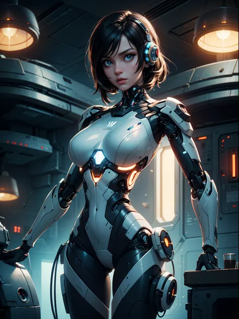 cinematic film still, cybernetic style futuristic style space fighter girl, cute, futuristic, sexy, sleek, modern, ultramodern, ...