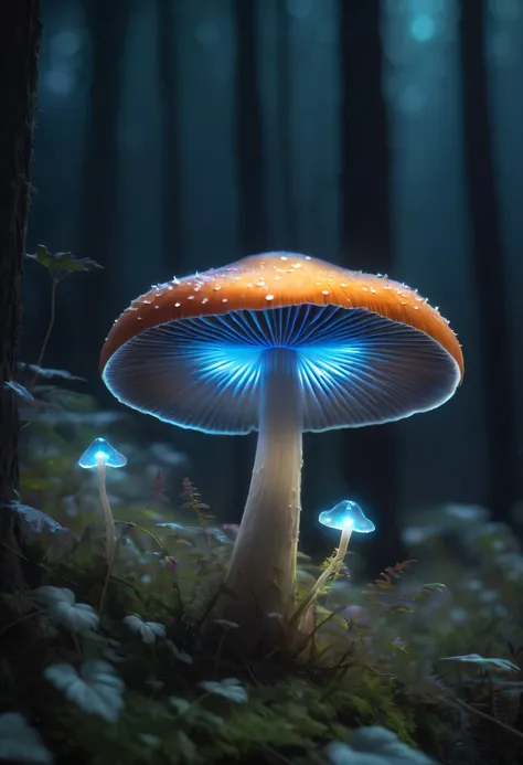 (Best quality,4K,A high resolution,tmasterpiece:1.2),ultra - detailed,(actual,realistically:1.37),(Transparent glowing mushroom,Ethereal Mushroom:1.5),fairies,glowing,an enchanted forest,like a dream,Spooky lights,semi transparent,Otherworldly,Delicate gos...