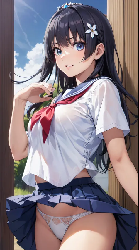 (Perfect hands, Perfect Anatomy:1.4), Satin Ruiko, (Her hairstyle is a princess cut.:1.5),Black hair, Blue eyes,(Long hair:1.3), Hair Ornament, (1 white flower decoration:1.4),(Tsurime:1.4), (medium breasts:1.4),(parted_Lips:1.4),(14years:1.4),(A slender:1...