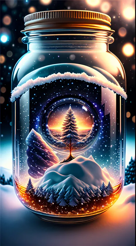 The entire universe is contained in a glass jar，Ultra photo realsisim，ultra - detailed，dramatic lights，4k，winter environment