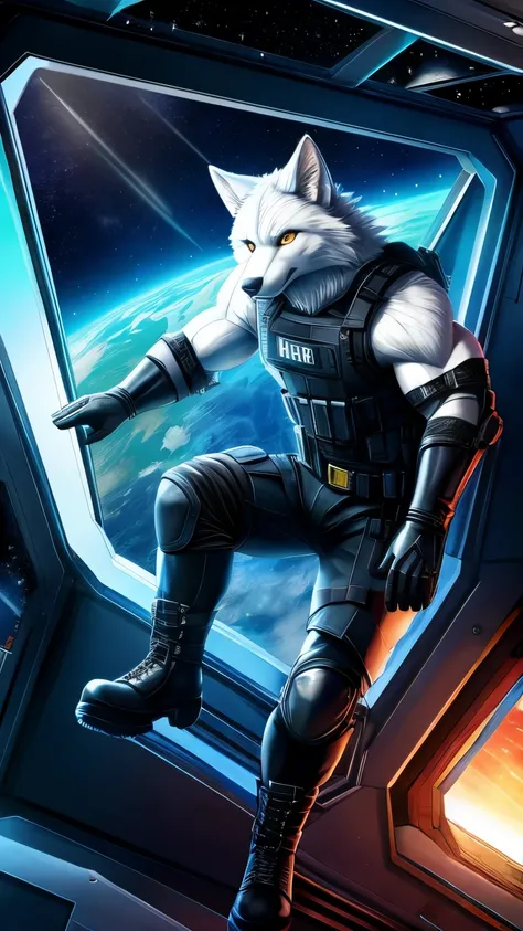 Furry white wolf boy, muscle, wear swat armor and police, leather arms and hands, leather legs and boots, gloves, a space ship interior, jumped, looking, Window and Earth, 4k, anime