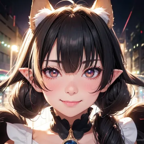 black hair, hair bobbles, wince, longeyelashes, solid circle eyes, fake animal ears, light smile, ear blush, fang, surrealism, d...